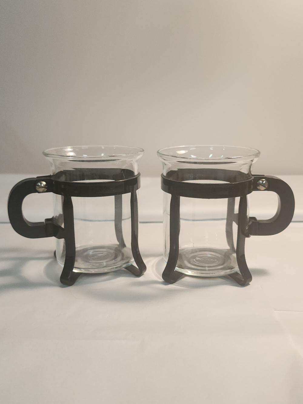 Bodum Glass Coffee Mugs Clear with Black Metal Holders - Set of 2